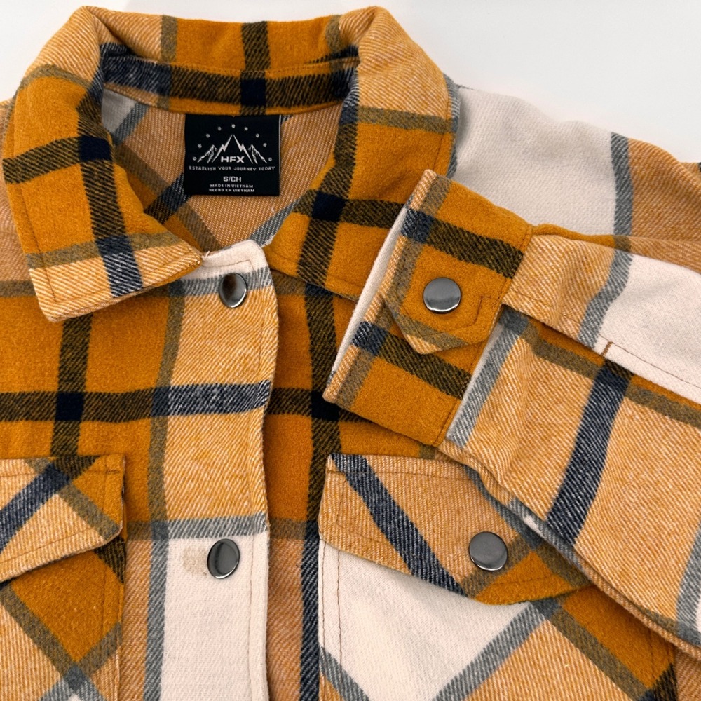 HFX Womens S (Oversized) Plaid Shirt/Jacket Shacket Button Front Orange Plaid